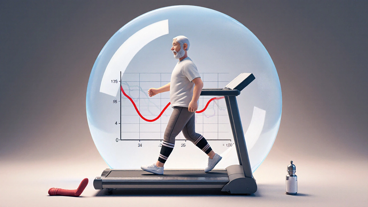 A patient walking steadily on a treadmill with a stable blood pressure bubble and compression stockings nearby.