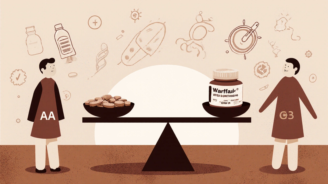 Balance scale with warfarin and vitamin K, contrasting genetic profiles on either side in clay style