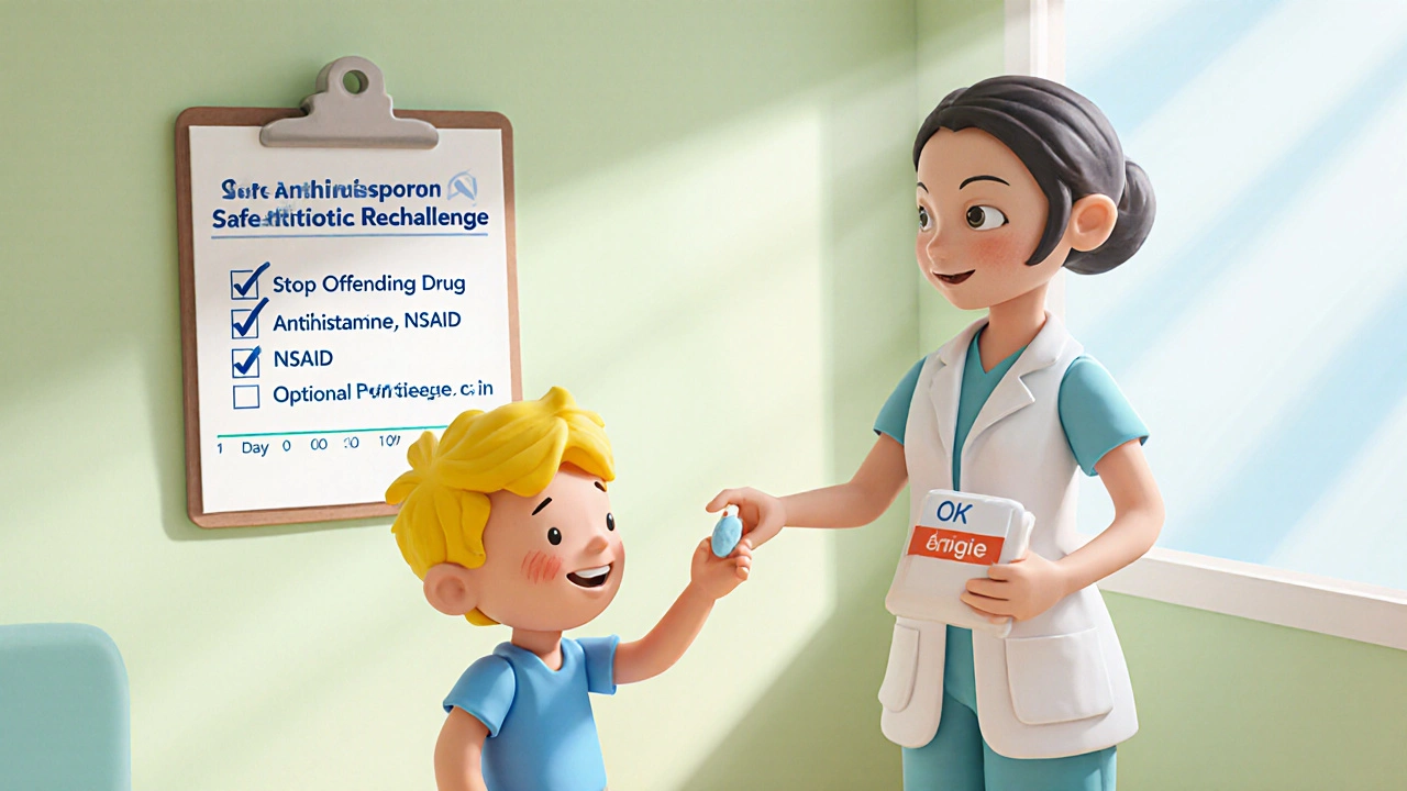 Child safely taking an alternative antibiotic after previous reaction.