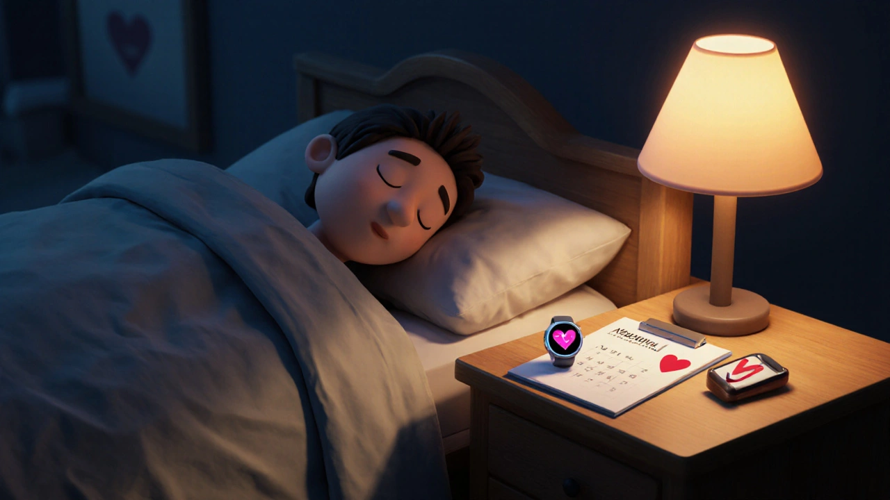 Clay bedroom showing sleeping figure, smartwatch, and doctor's clipboard.