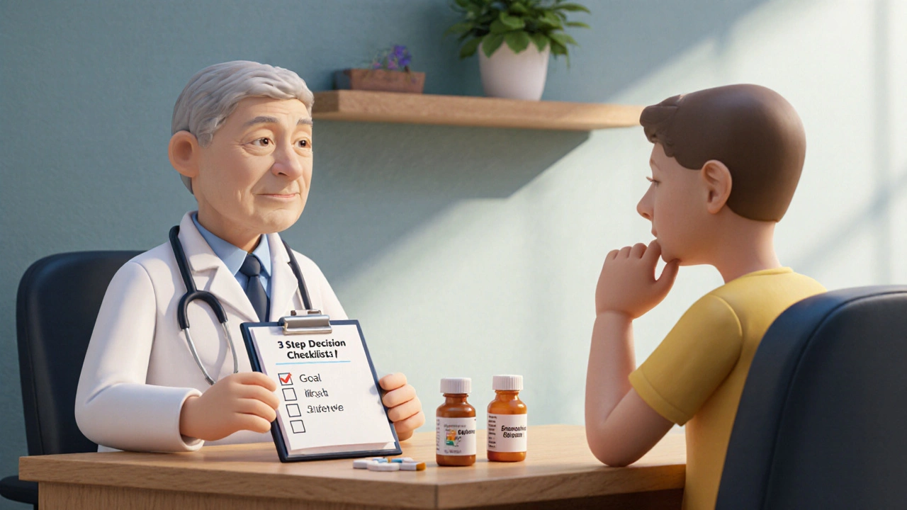 Clay doctor and patient discussing medication options with pill bottles and checklist.