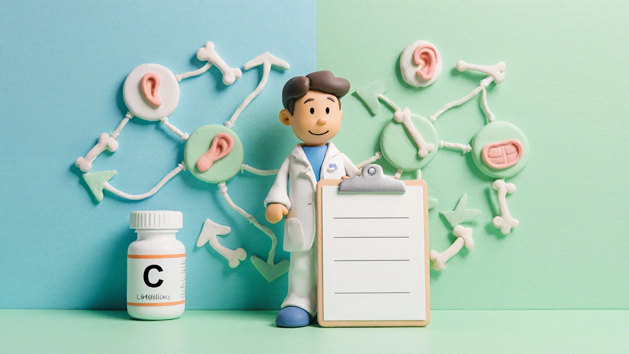 Clay doctor beside a flowchart of arrows and infection icons, showing Cefaclor and alternatives.
