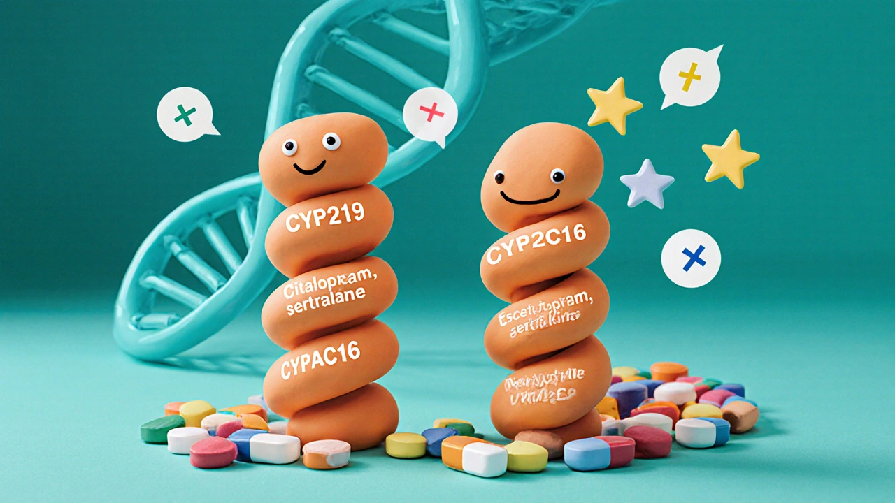 Clay enzyme characters CYP2C19 and CYP2D6 interacting with SSRI pills and DNA.