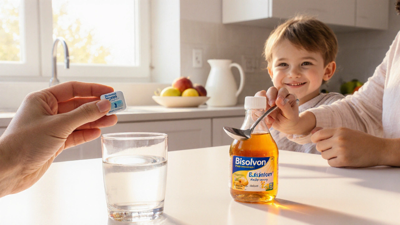 Clay illustration of a parent giving a child Bisolvon tablet and honey syrup on a kitchen counter.