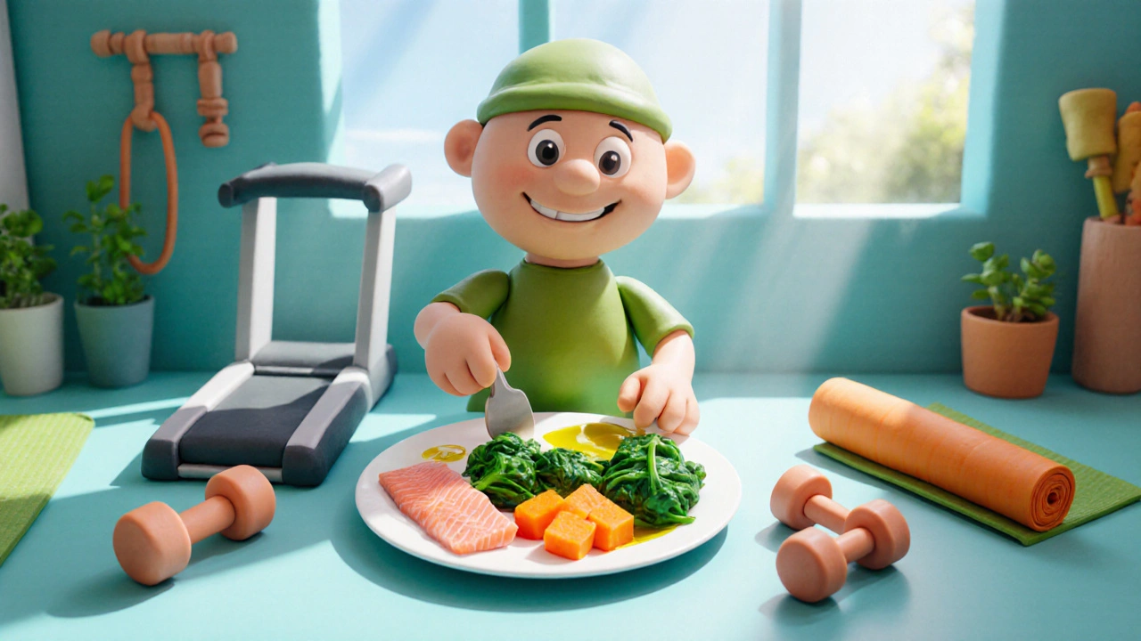 Clay kitchen scene with Mediterranean plate, treadmill, and yoga mat.