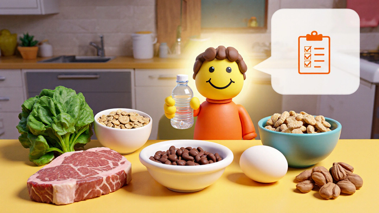 Clay kitchen scene with nutritious foods and happy character representing brain health.