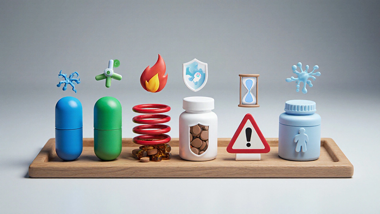 Clay lineup of six antibiotic forms with visual cue symbols.