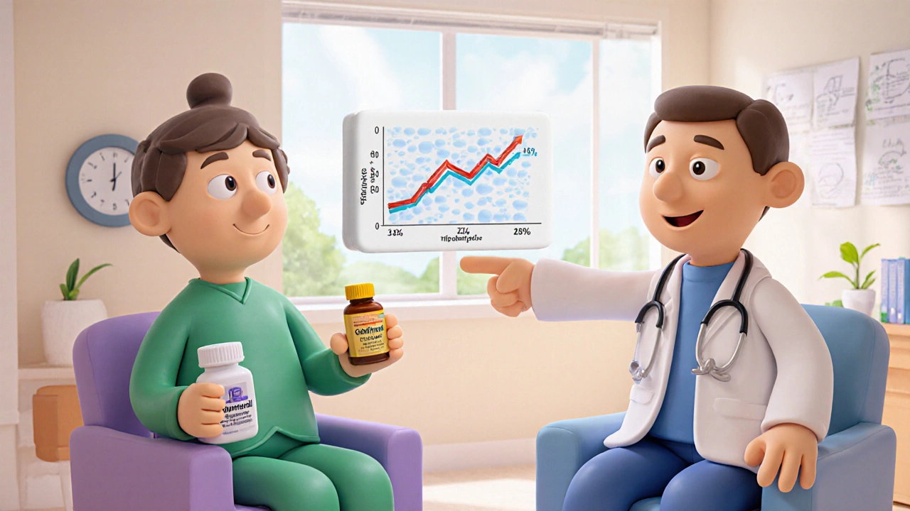 Clay patients with gemfibrozil and statin tablets, doctor showing shrinking lipid droplets.