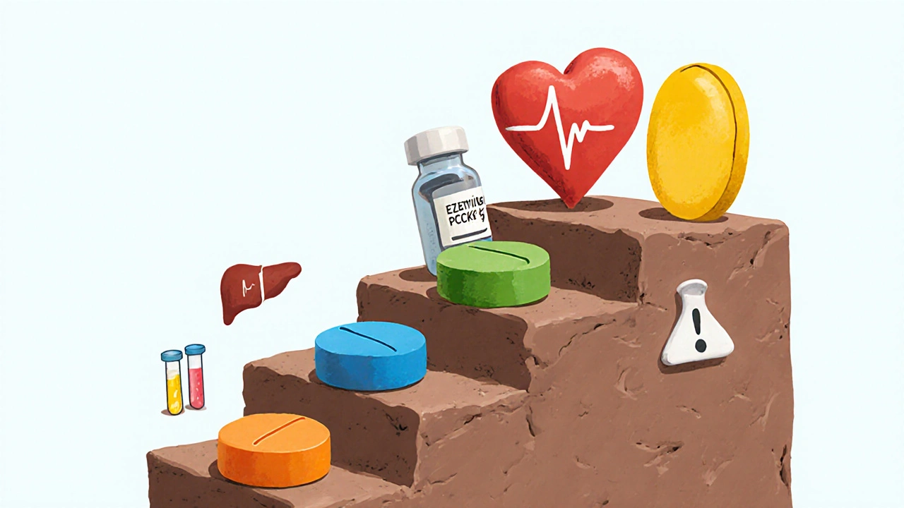 Clay staircase showing statin, ezetimibe, PCSK9, and gemfibrozil steps toward a healthy heart.