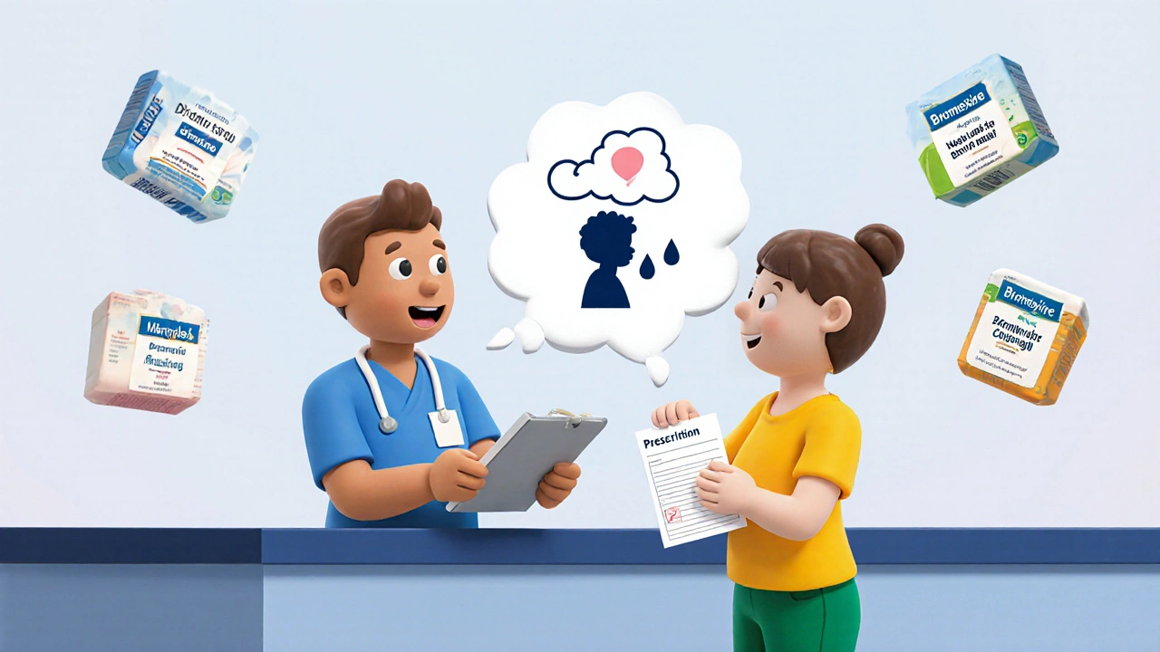 Clay‑style pharmacist advising a shopper with icons for age, cough type, and prescription needs.
