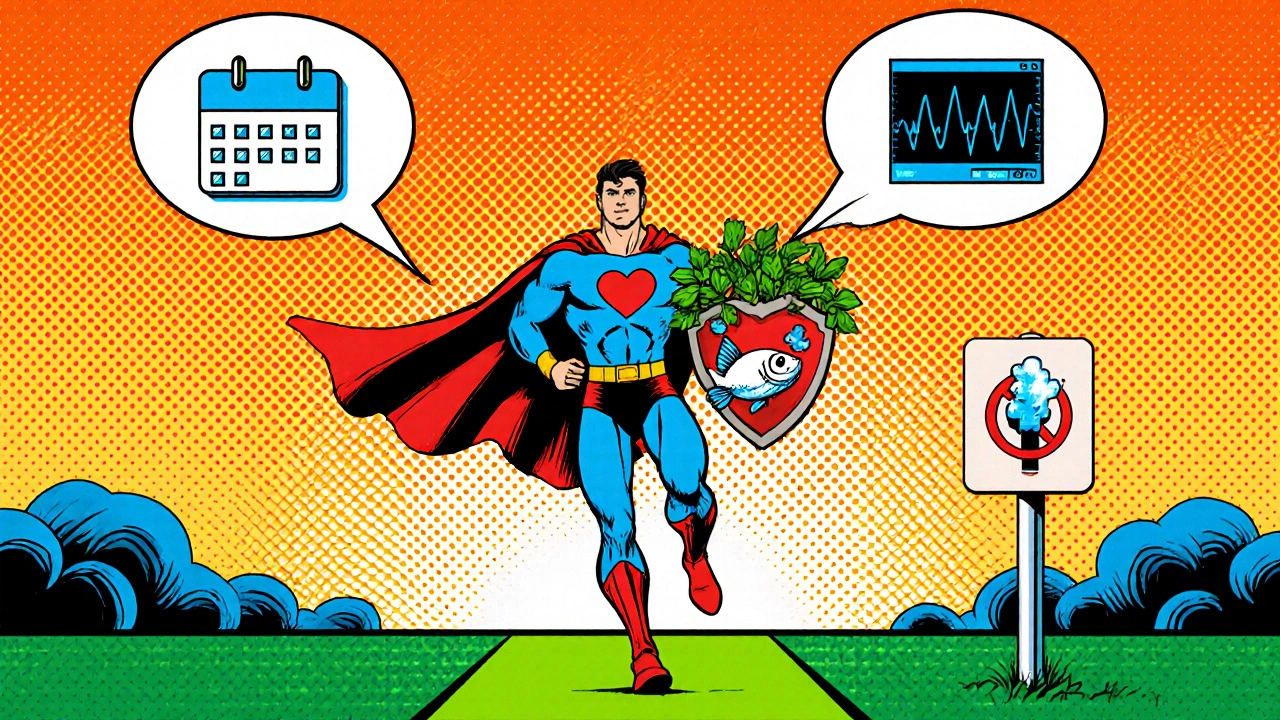 Comic scene of a patient exercising, eating healthy, and getting heart check‑ups.