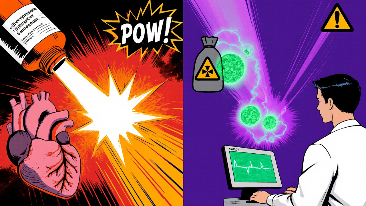 Comic spread showing chemotherapy, radiation, and stem‑cell transplant harming a heart.