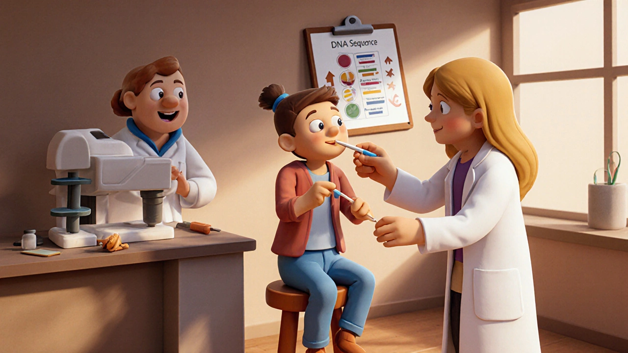 Doctor giving a buccal swab to a patient while lab processes genetic test.