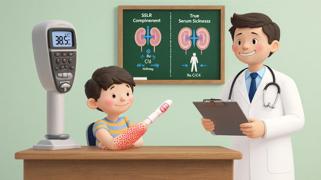 Doctor illustrating rash, fever, joint pain triad with normal lab results.