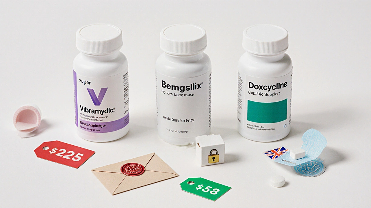 Flat‑lay of brand and generic doxycycline bottles with price tags and shipping items.