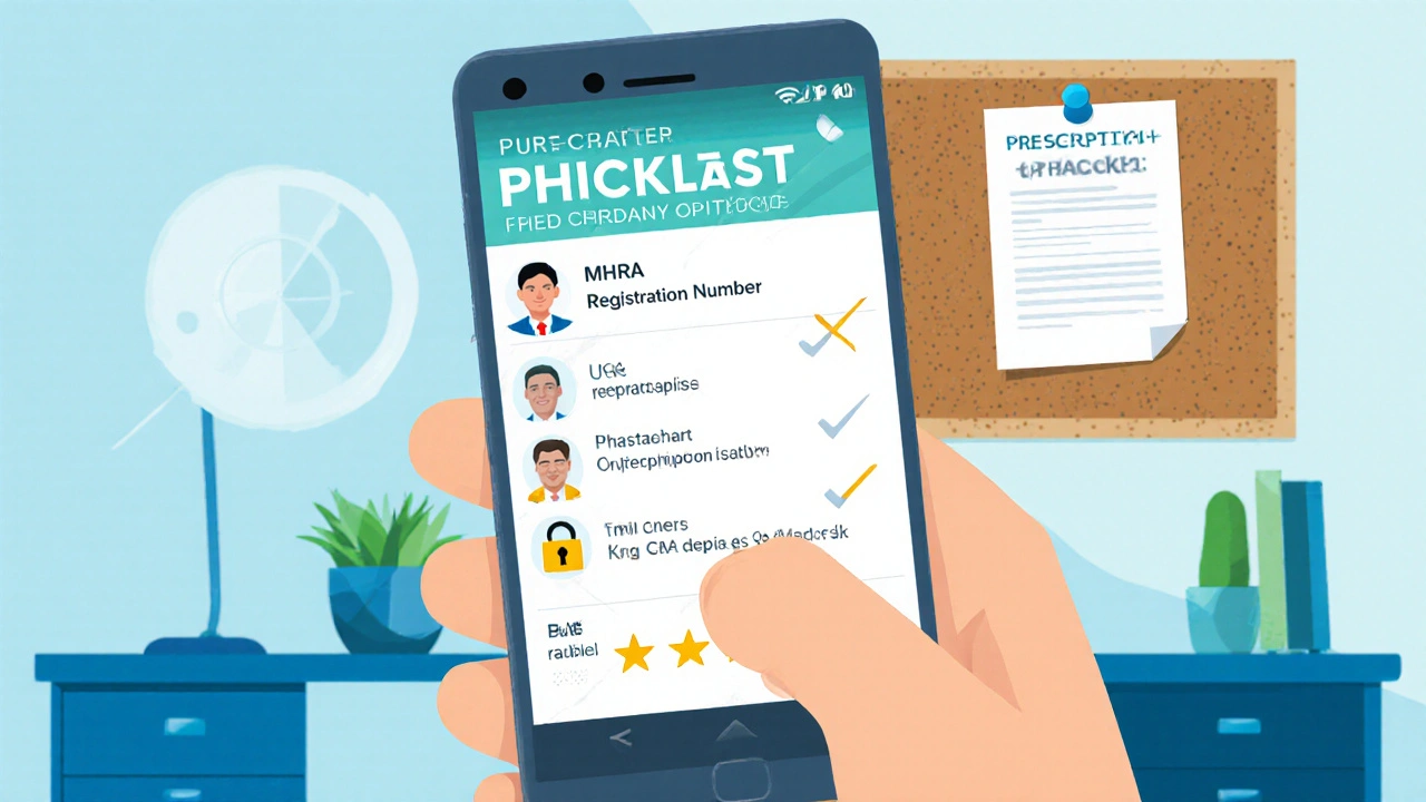 Hand holding phone displaying pharmacy verification checklist beside a pinned prescription.