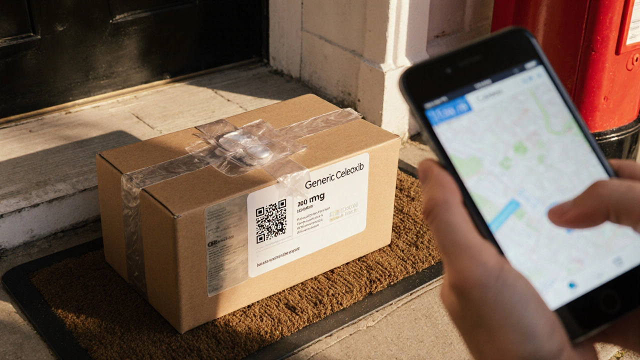Hand scanning QR code on a delivered generic celecoxib box at a doorstep.