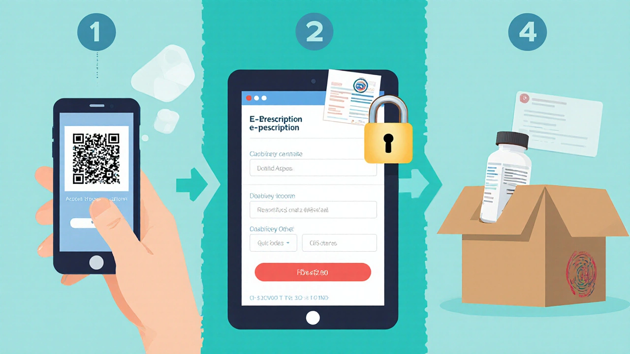 Hands uploading a prescription and confirming a secure pharmacy order.