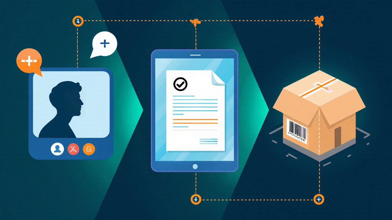 Illustrated flow: video doctor call, uploading prescription, and courier box delivery with tracking.