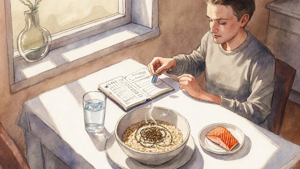 Kitchen scene with oatmeal, salmon, fish‑oil capsules, and a diary for a health routine.