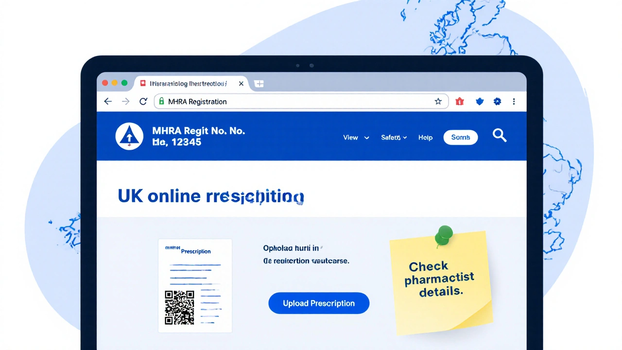 Laptop screen displaying an MHRA‑registered pharmacy site with prescription upload button.