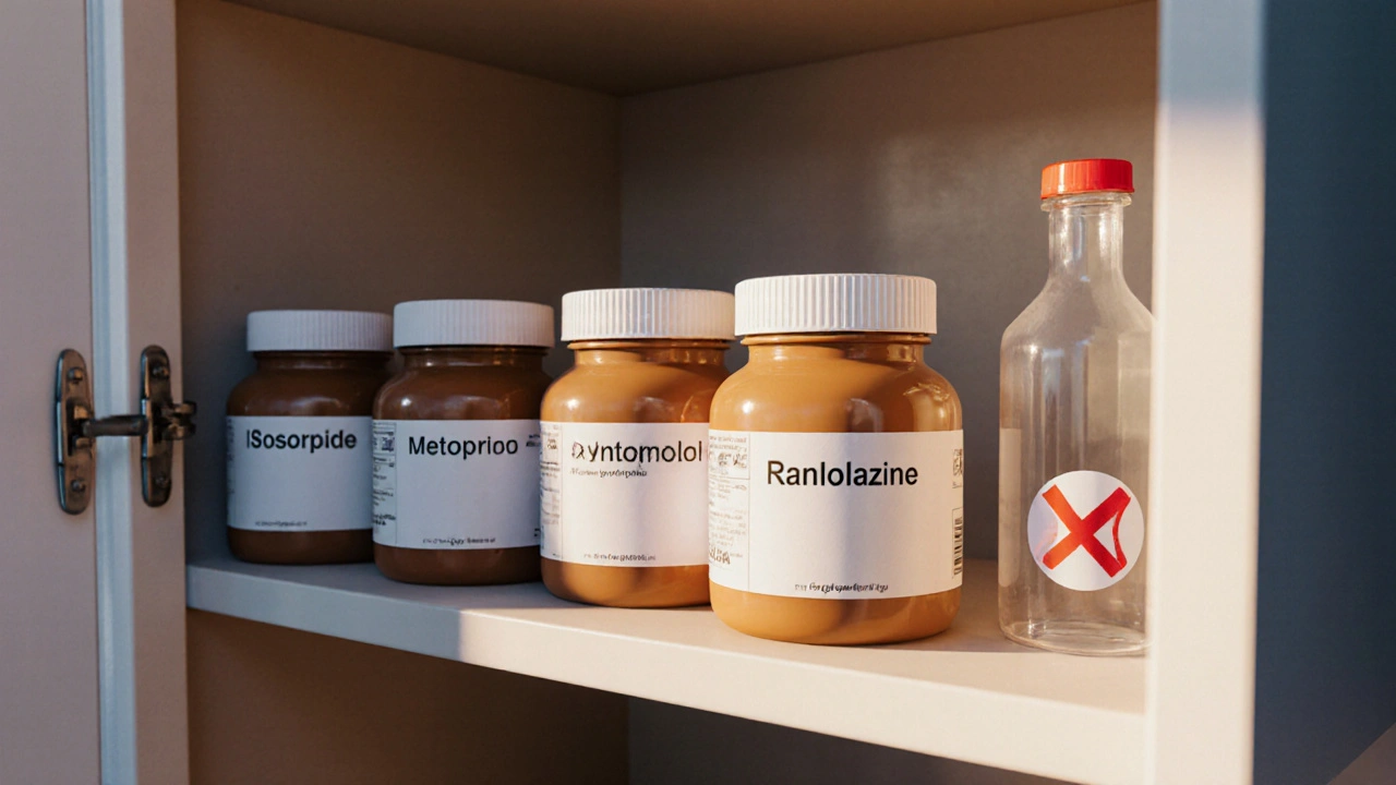 Medicine cabinet with alternative angina medications beside empty nitroglycerin bottle