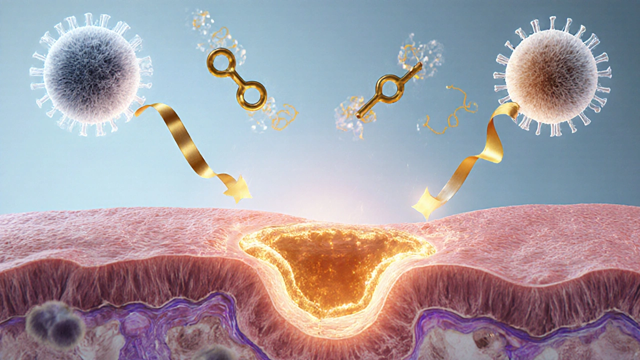 Microscopic view of colon cells healing with glowing omega‑3 derived molecules.