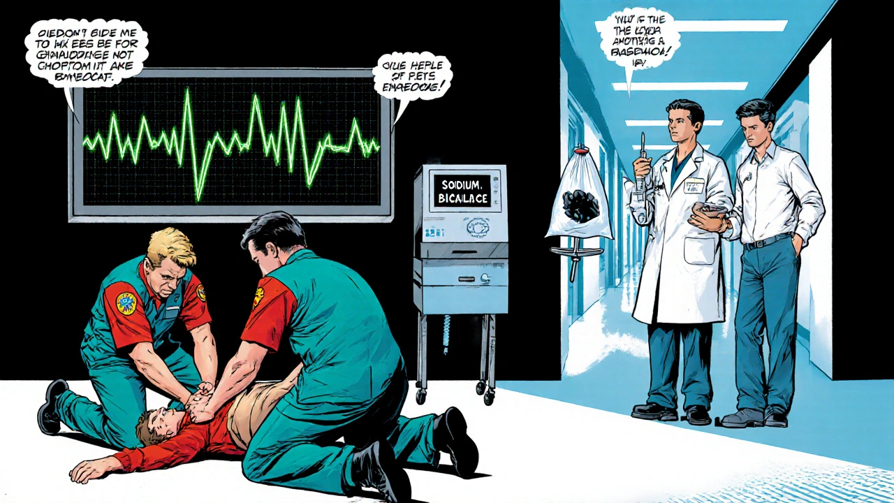 Paramedics performing CPR beside a monitor showing widened QRS waveform.