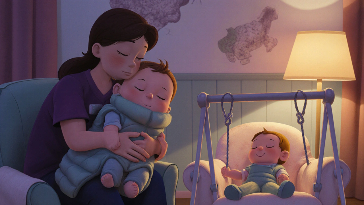 Parent hugging baby with weighted vest, rocking gently in a calm bedroom.
