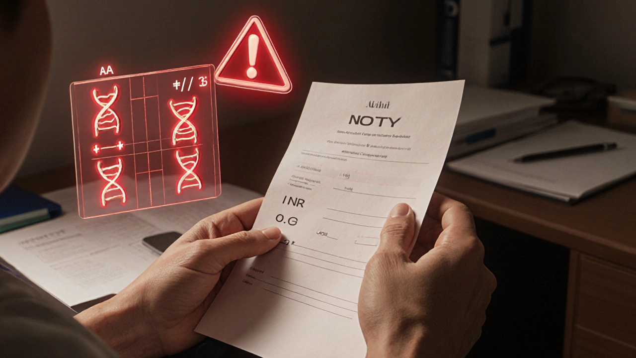 Patient in doctor&#039;s office with high INR report and glowing genetic markers indicating warfarin sensitivity