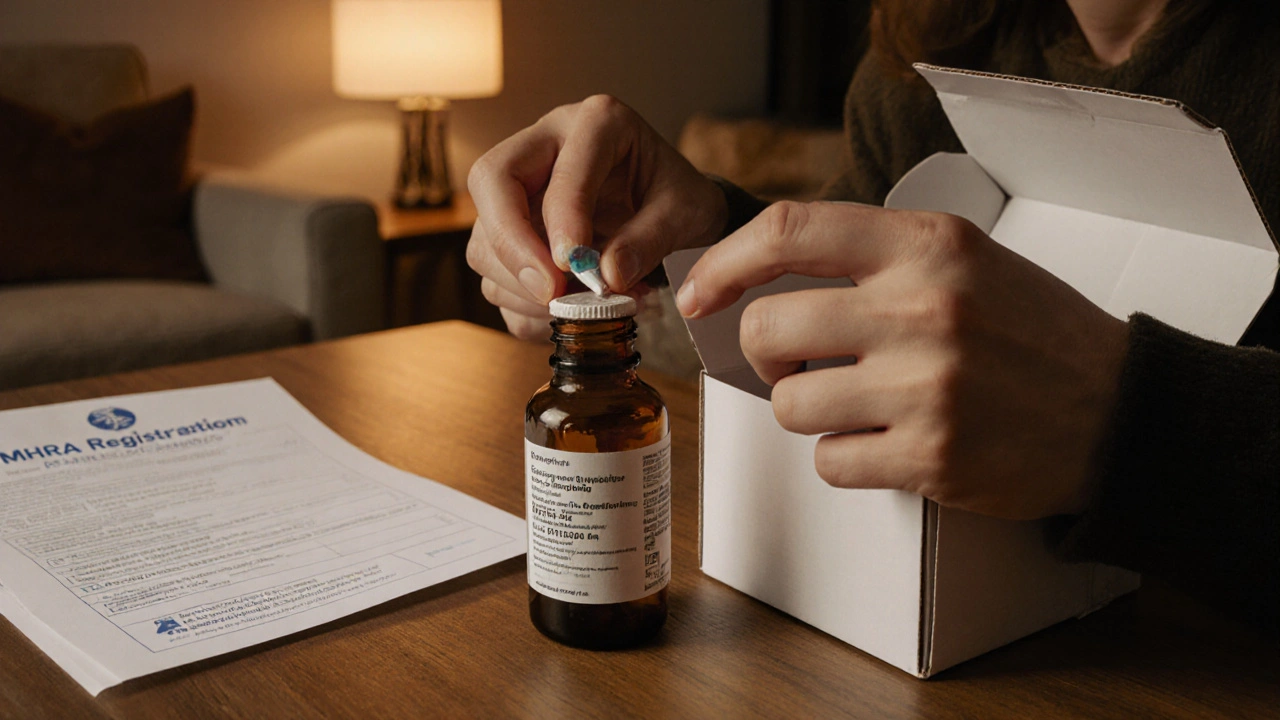 Person opening a package and inspecting amber lamotrigine tablets for authenticity.