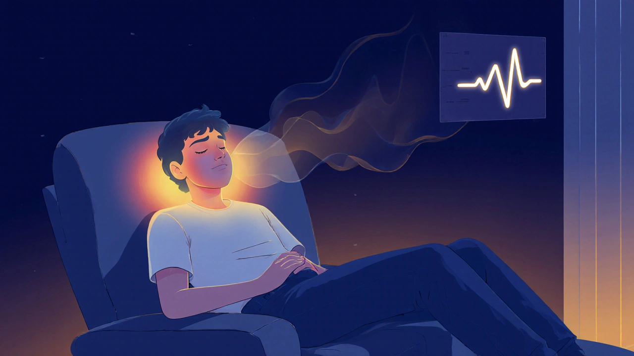 Person relaxed at home, visualizing pain relief and calm without heart concerns.
