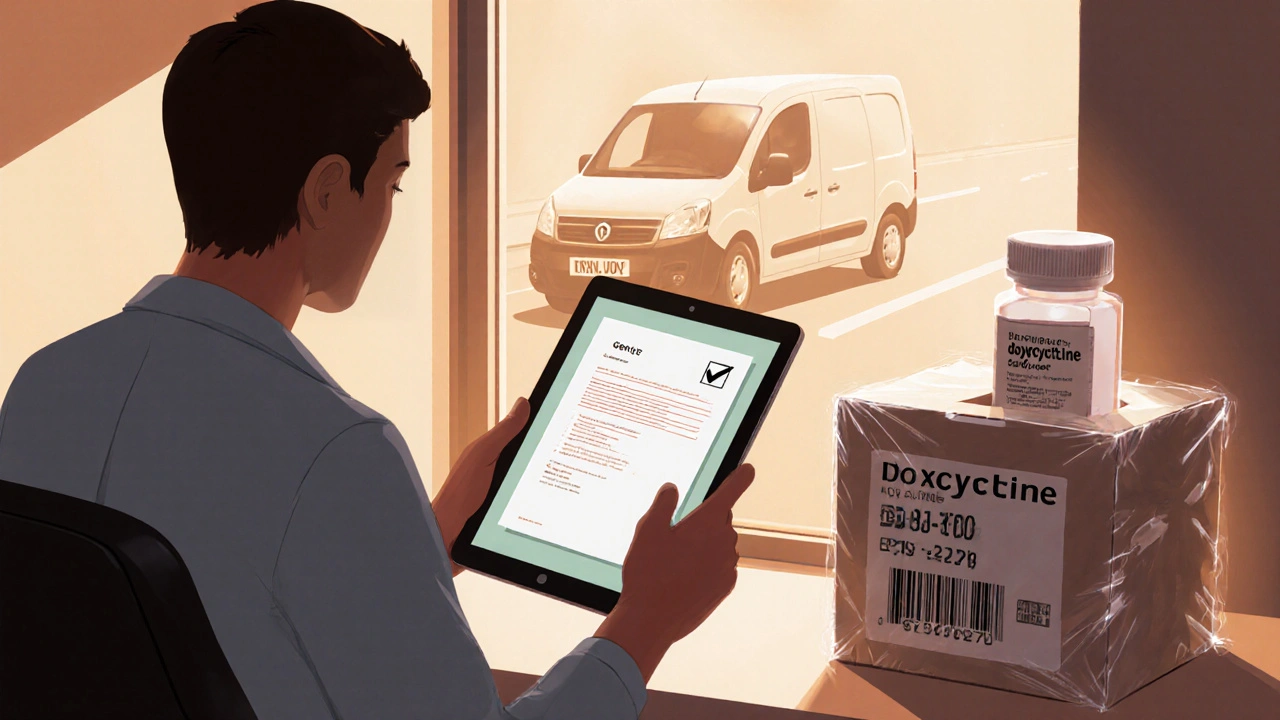 Pharmacist verifying a prescription and preparing a sealed generic doxycycline parcel for delivery.
