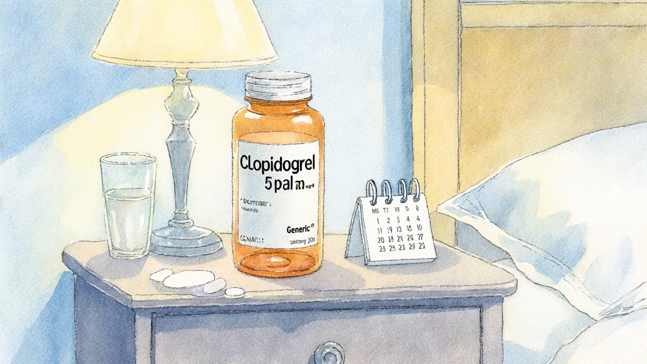 Pill bottle with clopidogrel, calendar and water glass on nightstand, illustrating safe daily use.