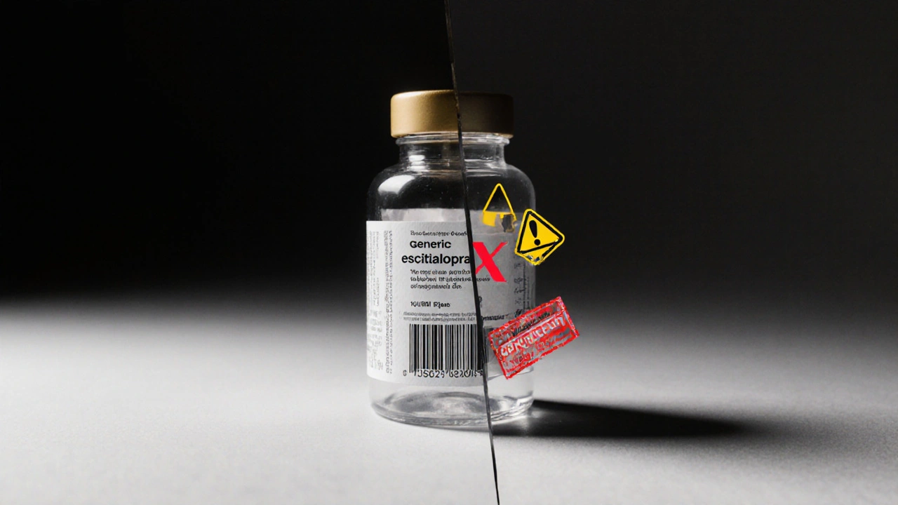 Pill bottle with tamper seal beside warning symbols for counterfeit meds.