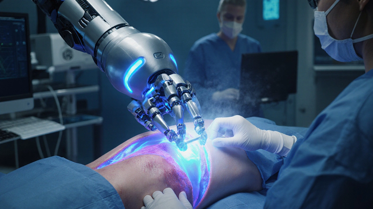 Robotic arm performing perineal revision surgery with a modern coated prosthesis in a futuristic OR.