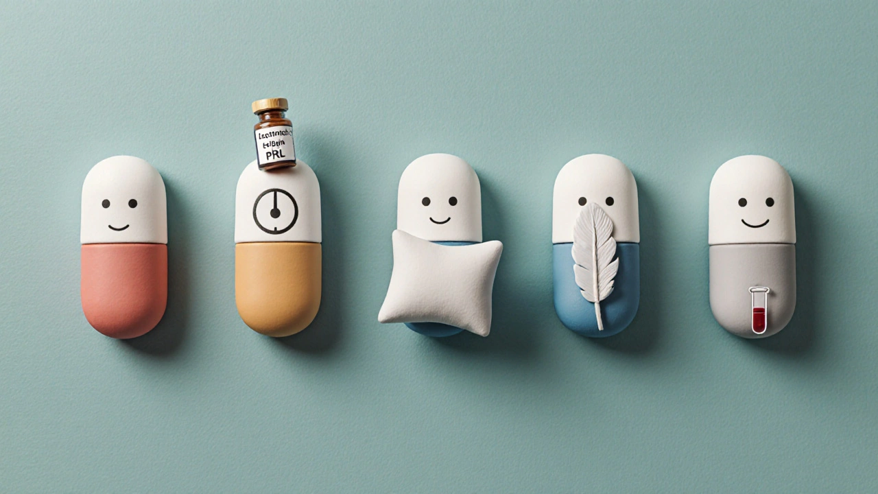 Row of clay pill characters representing antipsychotics with side‑effect symbols.