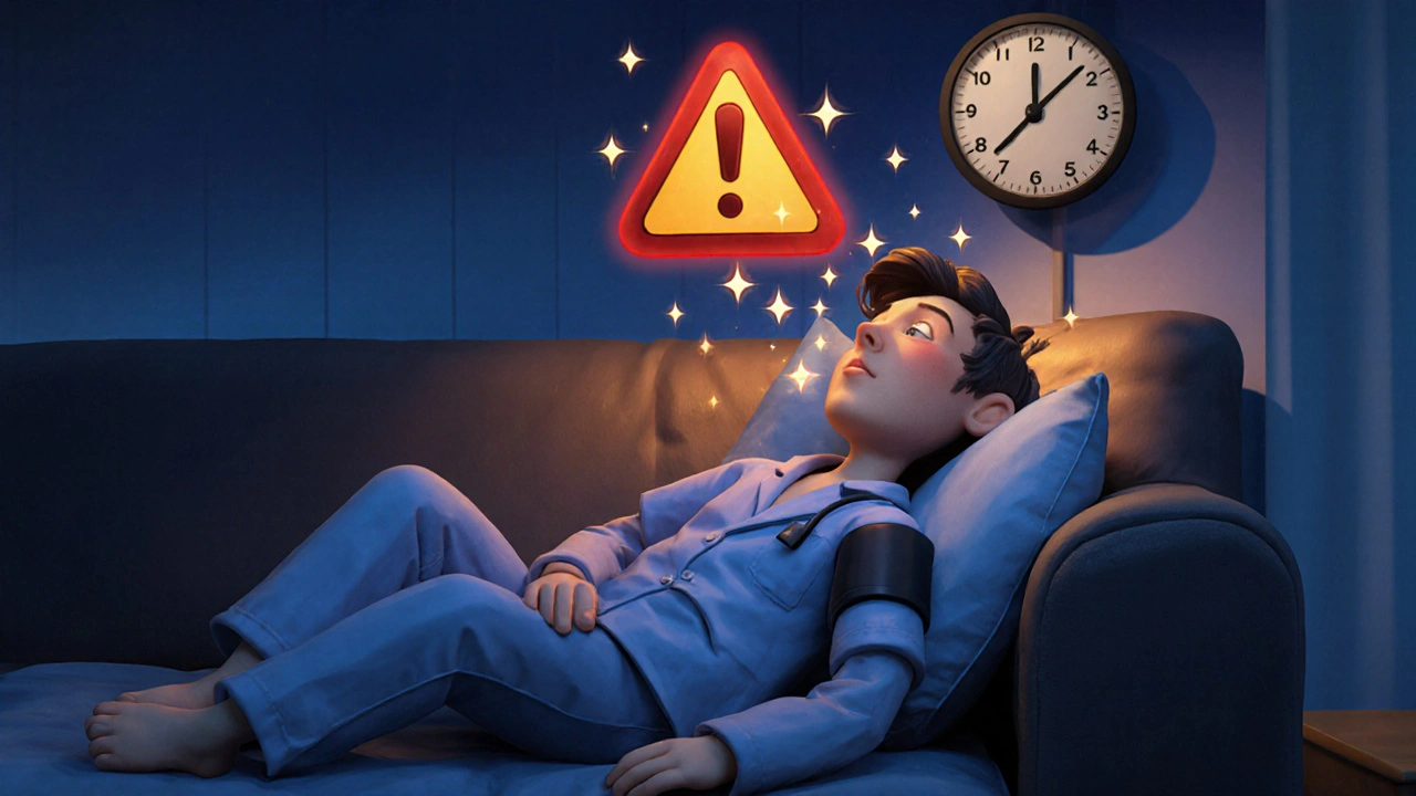 Someone sitting at dusk with warning signs of high blood pressure and scalp tingling from late midodrine use.