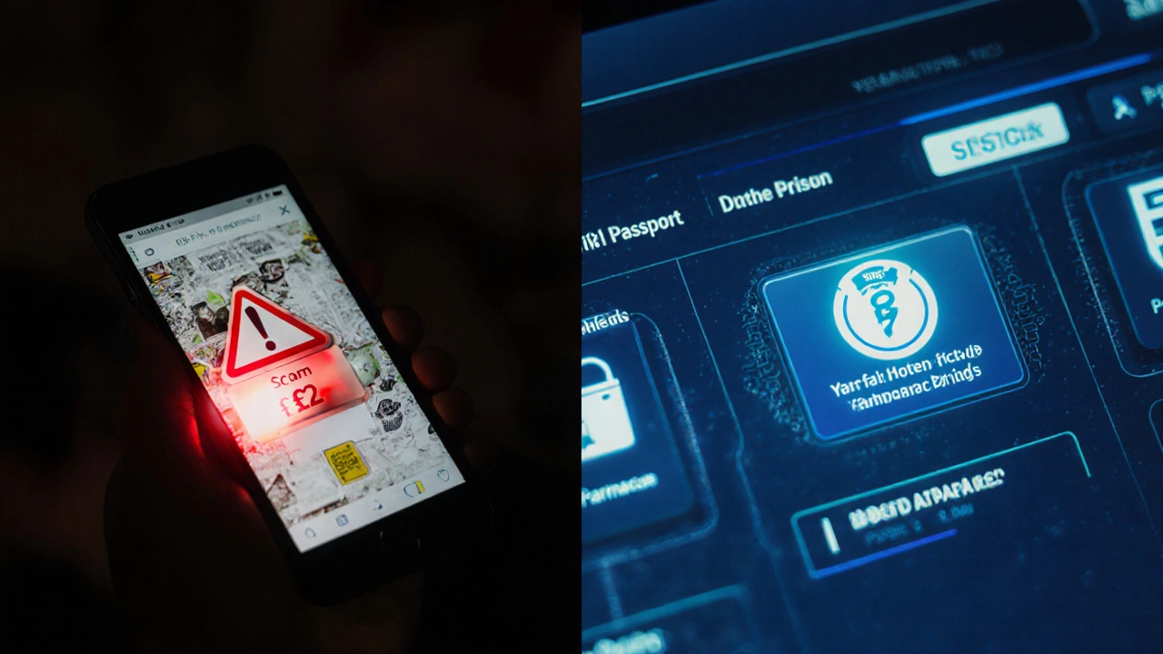 Split scene of a shady low‑price pharmacy app versus a reputable NHS digital health portal.