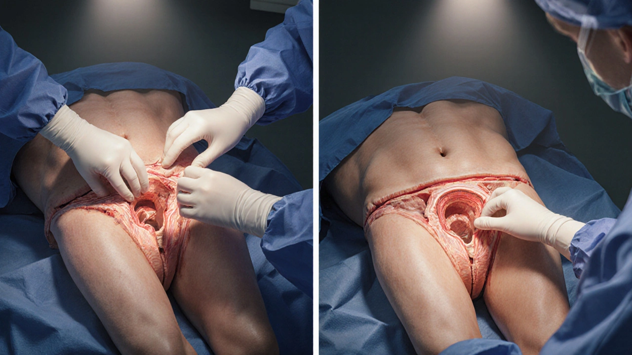 Surgeon making scrotal and perineal incisions on a male model to illustrate surgical approaches.