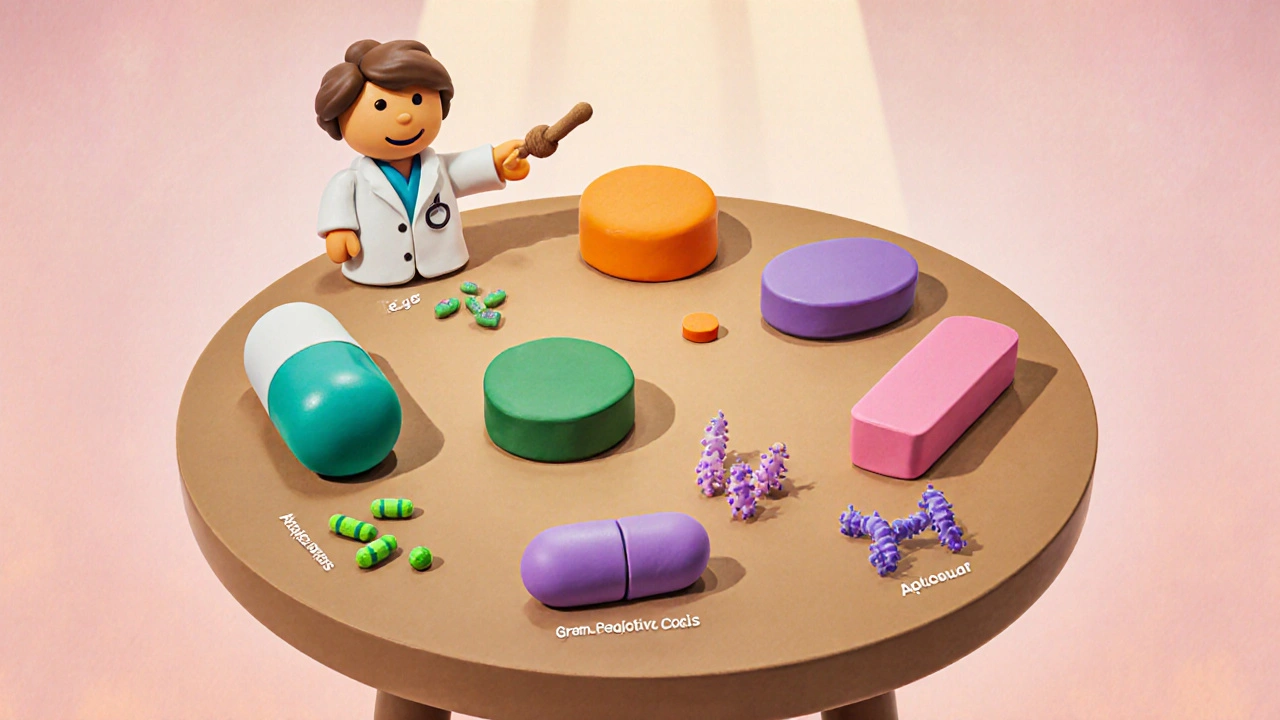Table of five clay pill models beside tiny clay bacteria, with a doctor comparing them.