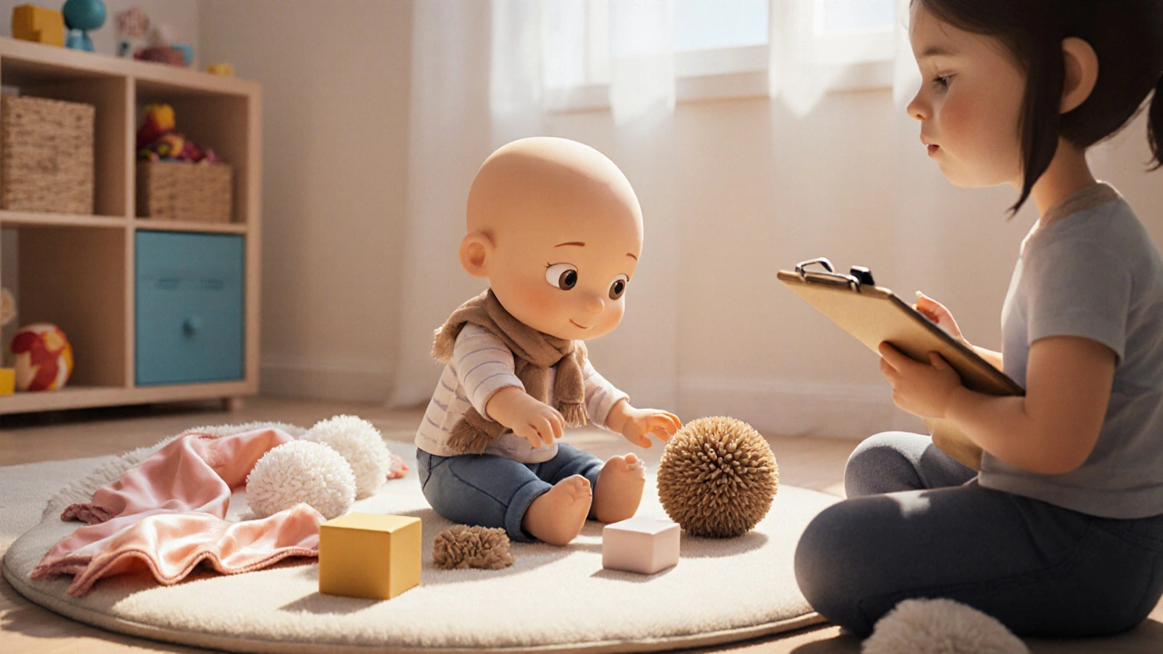 Therapist watches infant avoid certain textures during a playroom assessment.