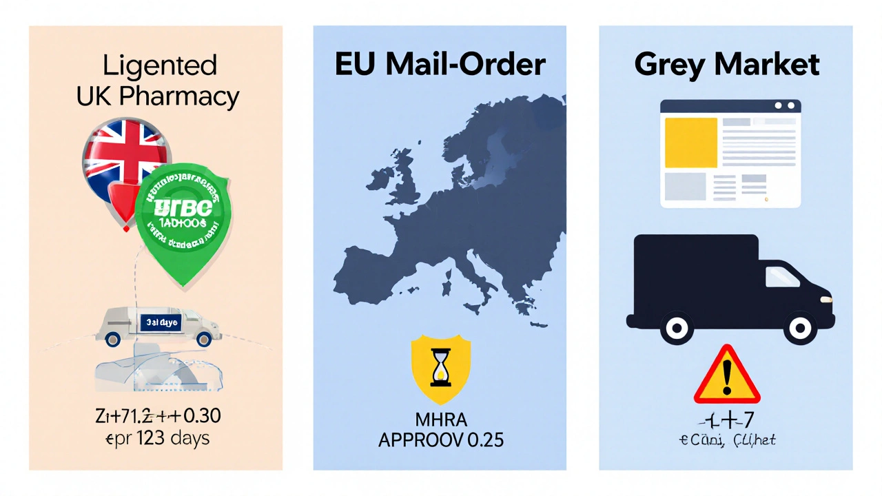 Three-panel illustration comparing UK, EU, and grey‑market lamotrigine buying options.