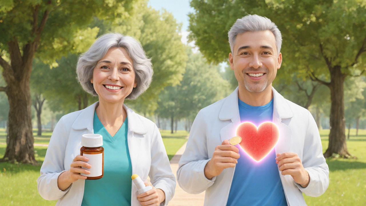 Two patients walking in park, holding heart-healthy medications, glowing heart symbol