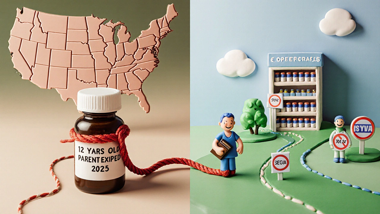A clay map comparison shows U.S. drug delays versus Europe&#039;s fast generic access, with patients on either side.