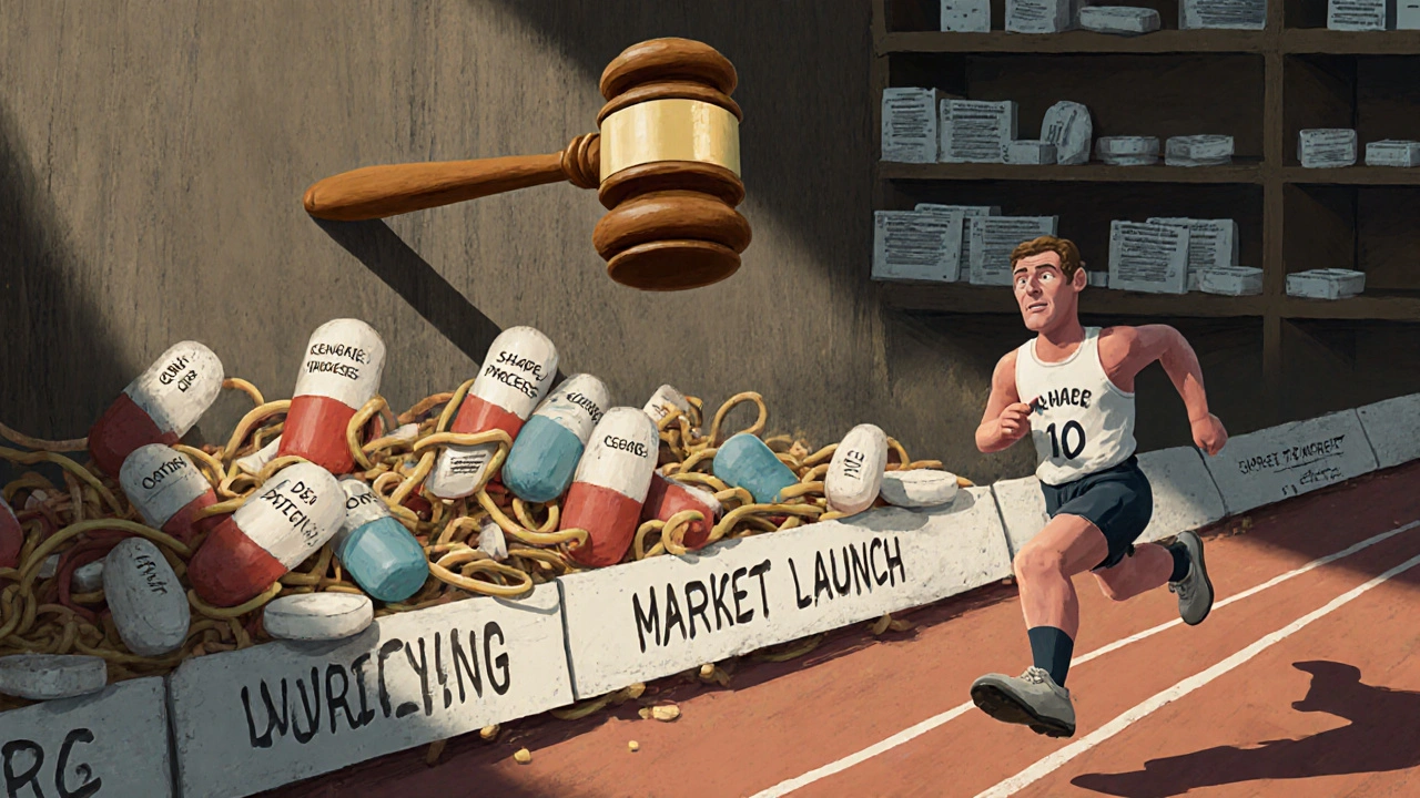 A generic drug racer is stopped by a wall of legal patents and settlement contracts in a clay-style courtroom scene.