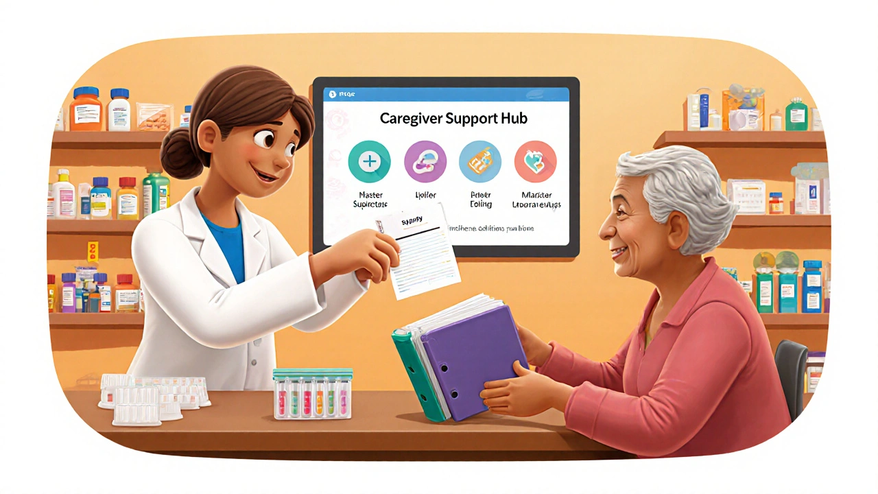 A pharmacist and caregiver reviewing a medication binder at a community pharmacy counter.