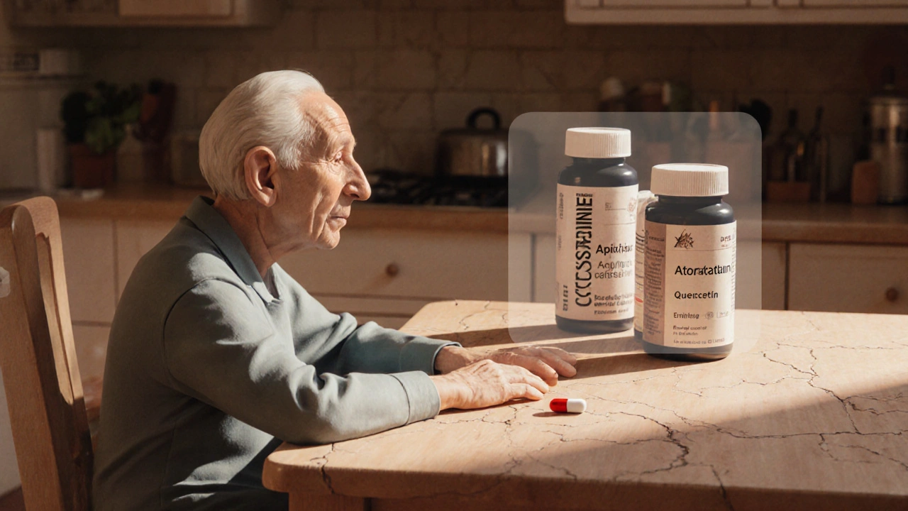 An elderly person surrounded by prescription bottles, with a quercetin capsule casting a shadow over their medications.