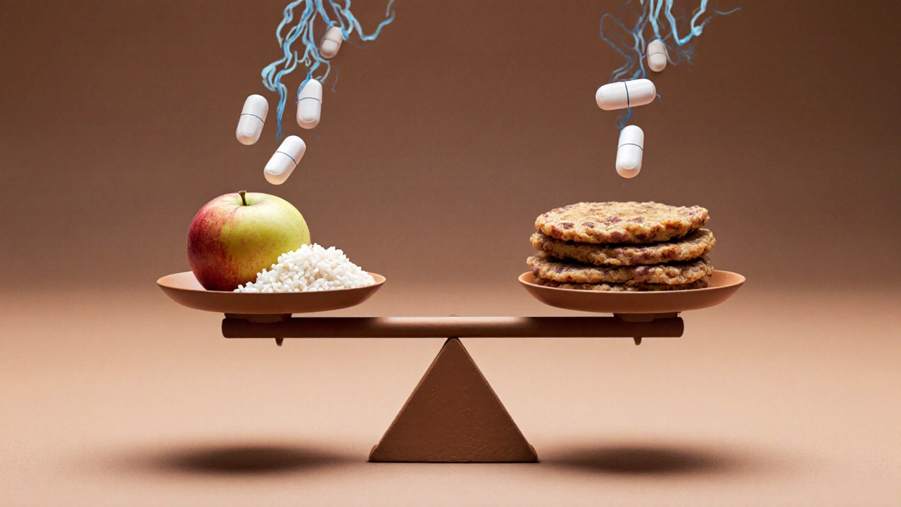 Balanced scale showing low-protein daytime meals versus high-protein dinner for Parkinson&#039;s medication timing.