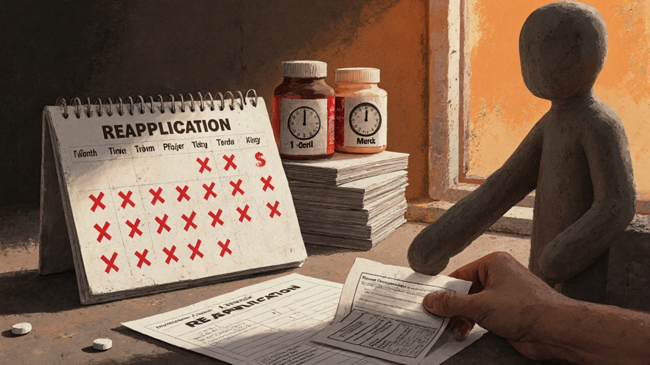 Calendar with reapplication deadlines and pill bottles, hand reaching for new form as denial fades.